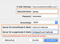E-Mail-Konto in Mail einrichten - Server-Einstellungen (außerhalb des Netzwerkes der Universität)