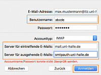 E-Mail-Konto in Mail einrichten - Server-Einstellungen (auerhalb des Netzwerkes der Universitt)